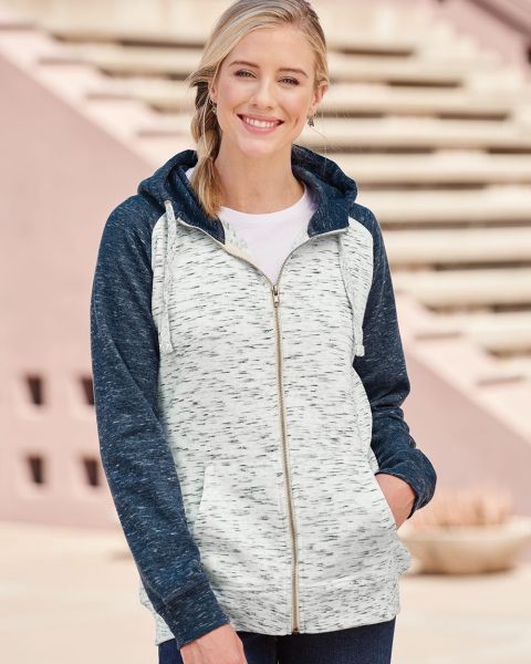 J. America 8679 - Women's Mélange Fleece Colorblocked Full-Zip Sweatshirt